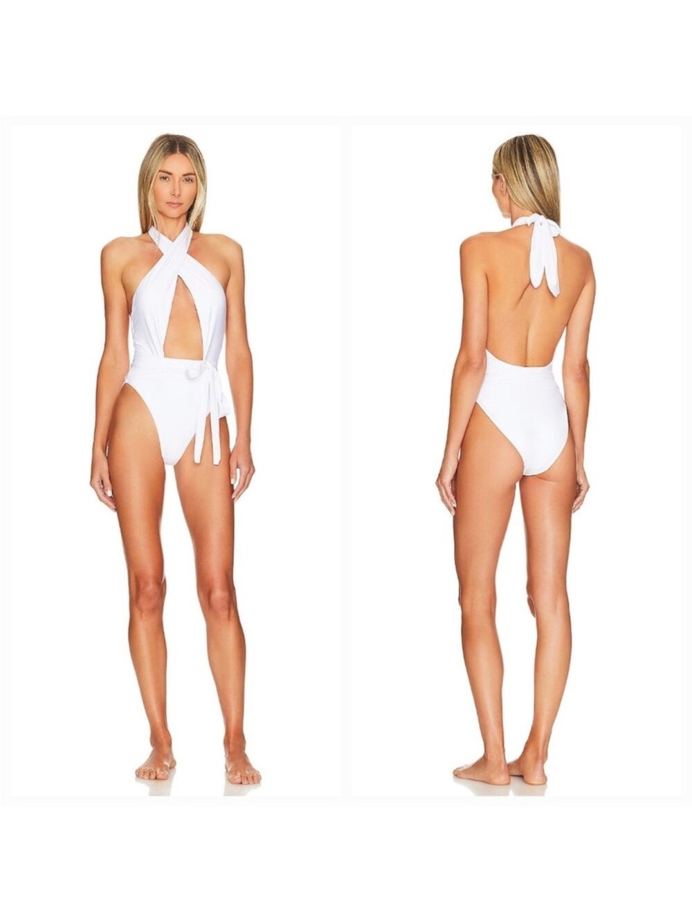 PQ Swim White Crisscross Cutout One Piece Swimsuit with Waist Tie - M/L